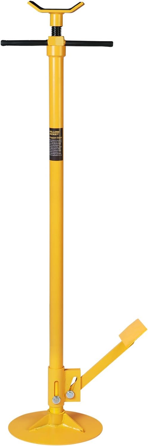 YELLOW JACKET Underhoist Support Stand 3/4 Ton Capacity with Foot Pedal, Lifting from 52.8" to 76.5", 12 Inch Diameter Base, Bearing Mounted Spin Handle, Contoured Saddle, Supports Vehicle Components
