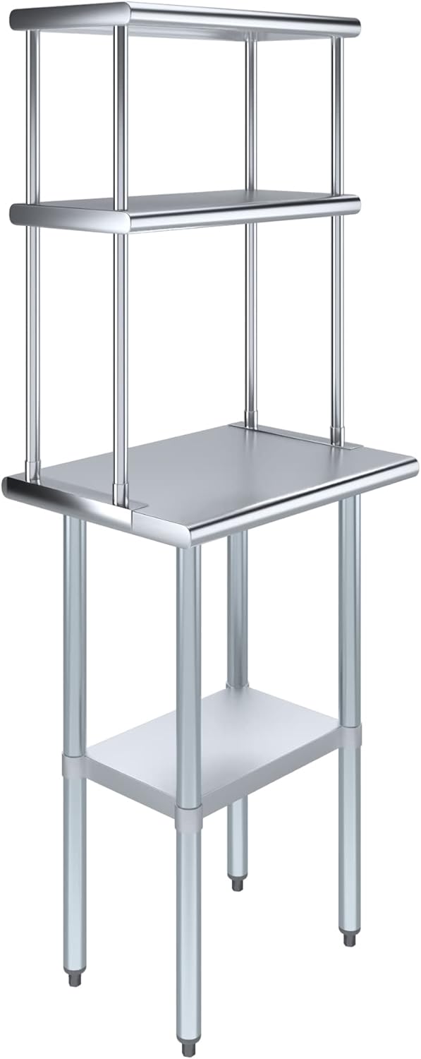 AmGood Stainless Steel Work Table Double Tier Overshelf | (18" x 24" Work Table + 12" Overshelf)