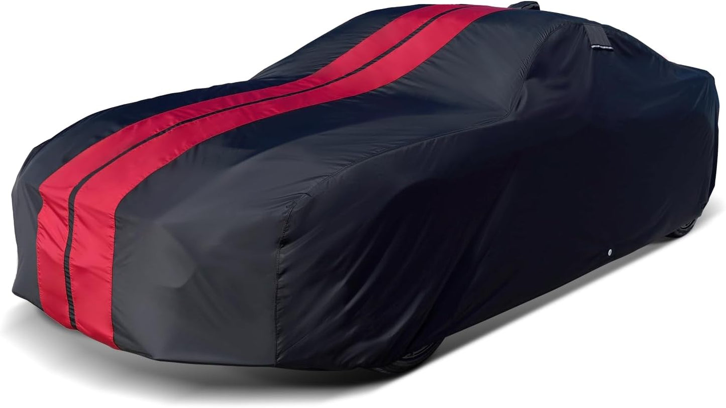 iCarCover Premium Plus Car Cover for 1978-1987 Chevy El Camino Waterproof All Weather Rain Snow UV Sun Hail Protector for Automobiles, Full Exterior Indoor Outdoor Car Cover (Stripe - Black/Red)