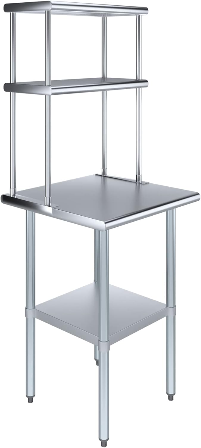 Amgood Stainless Steel Work Table Wide Double Tier Overshelf | NSF | Metal Kitchen Prep Table & Shelving Combo (24" x 24" Work Table + 12" Overshelf)