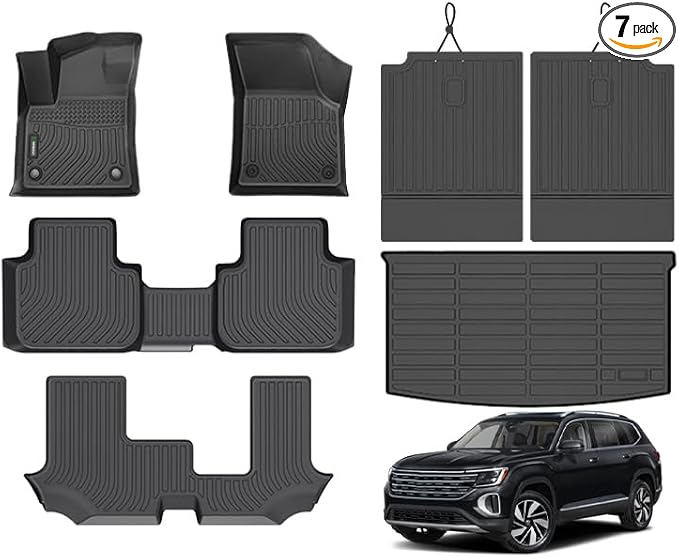 ANBINGO® Floor Mats & SeatBack Cargo Liner | Atlas 2018-2025 7 Passenger | 2nd Row with Bench Seat | (50/50 Velcro Tape Fixed Backseat) TPE 3 Rows Car Mat Waterproof, Accessories