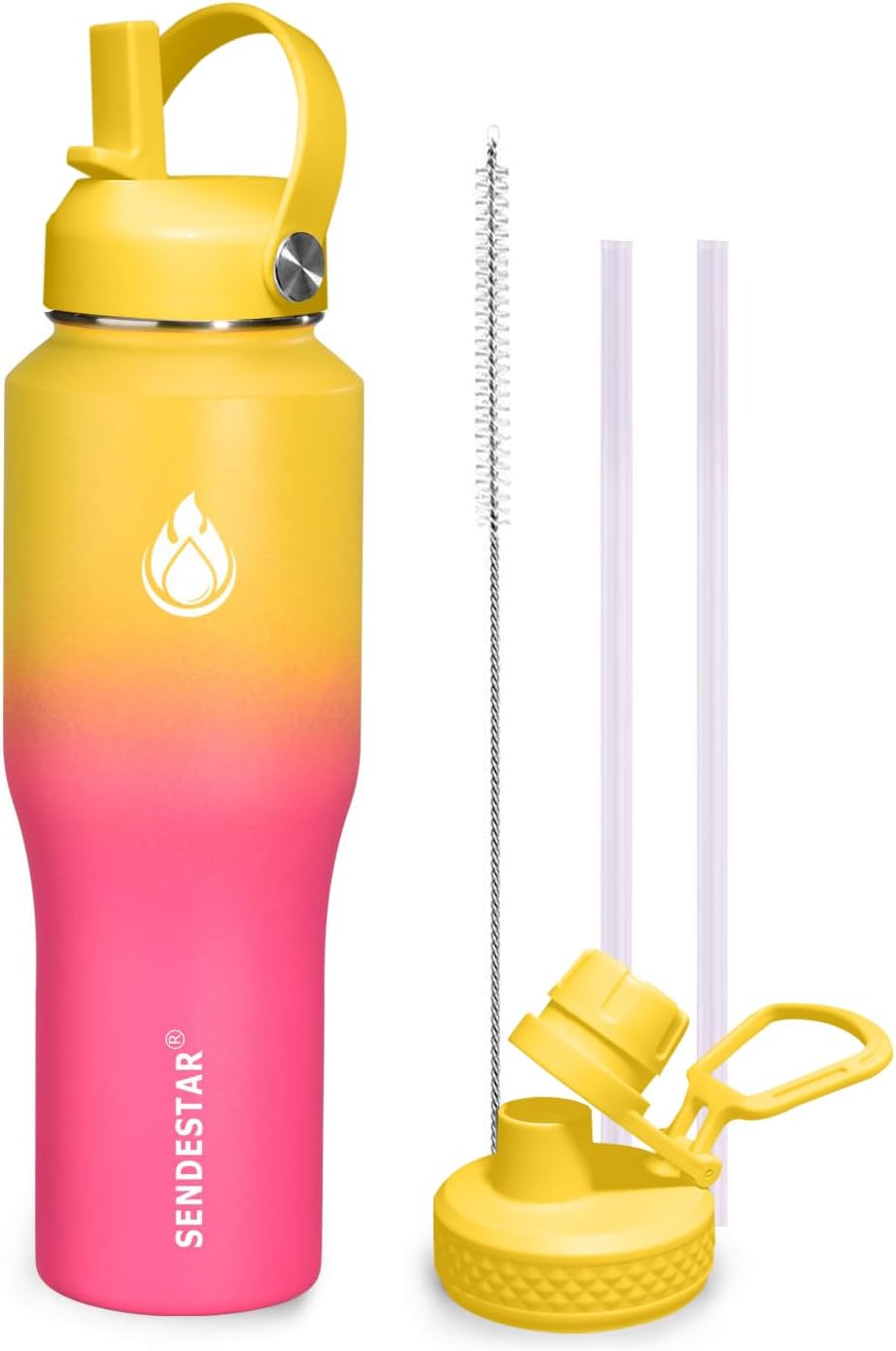 SENDESTAR 32oz Water Bottle Wide Mouth Stainless Steel Vacuum Insulated Double Wall with 2 Straw Lids Fit in Any Car Cup Holder TXIN-32-YP-1