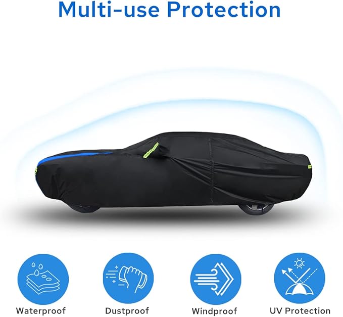 Avecrew Dodge Challenger Car Cover Waterproof All Weather for Automobiles, Outdoor Full Exterior Covers Fit 2008-2023 Dodge Challenger with Windproof Strap and Driver Door Zipper