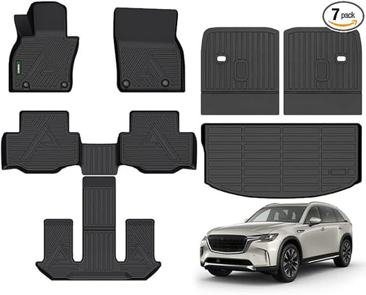 ANBINGO® Floor Mats & SeatBack Cargo Liner | CX90 2024-2025 6 Passenger | 2nd Row with Bucket Seat or Captain Seat | (50/50 Velcro Tape Fixed Backmats) TPE 3 Rows Waterproof Car Mat