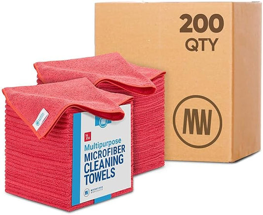 Bulk 16" x 16" All Purpose Microfiber Towels Wholesale - Case Quantity (200 Count) | Large | No Fraying | High Density Microfiber | Zero Chemical Cleaner | Long-Lasting (Red)