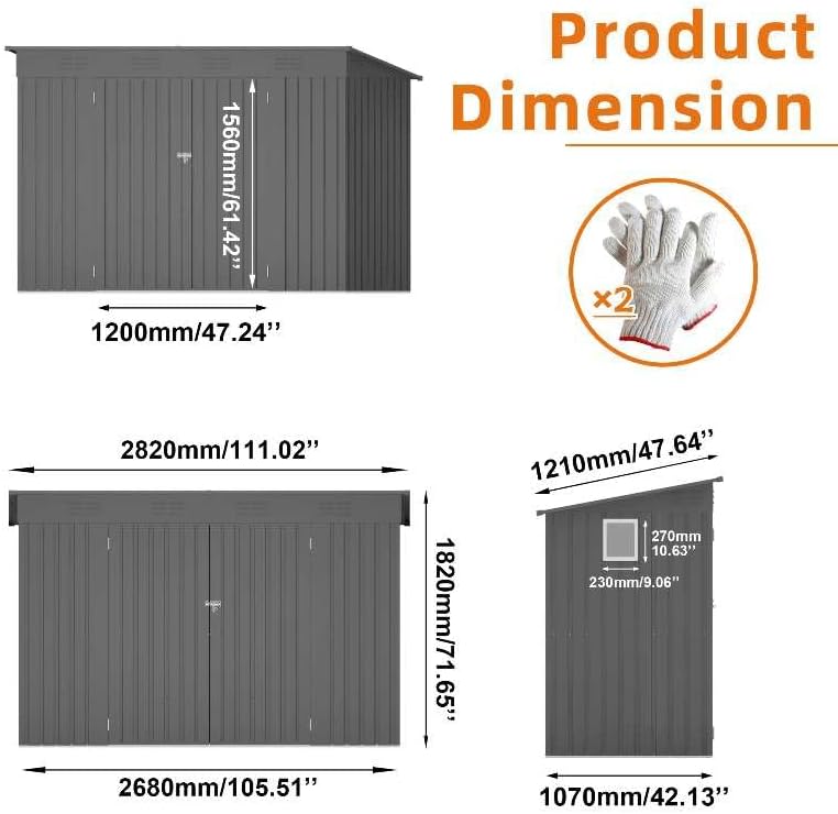 4x9 FT Outdoor Storage Shed,Metal Shed W/Window,Garden Storage Shed W/ 6 Air Vents & 2 Swing Doors,Weatherproof Tool House W/Sloped Roof,for Backyard Patio Lawn,Gray