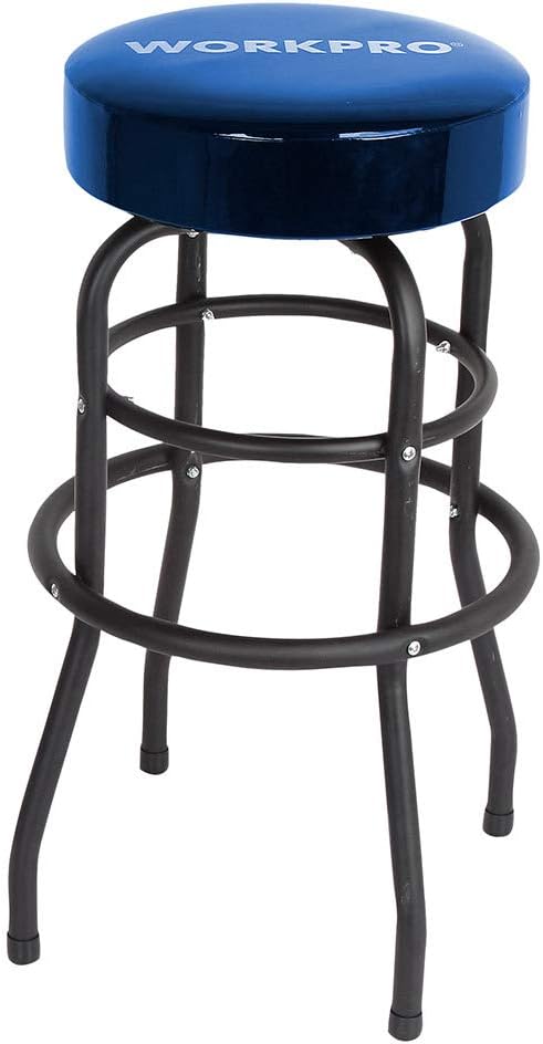 WORKPRO W112003 Garage Shop Stool, Heavy-Duty Steel Construction Garage Stool, Swivel Cushion Seat, Black Powder Coated Legs & Footrest (Single Pack)