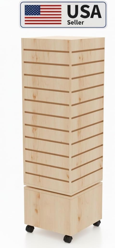 WISDOMFUR Rotating Slatwall Display Rack – 16"x16"x60" Maple Spinning Tower with Wheels – Retail Display Fixture for Accessories, Hooks & Shelves