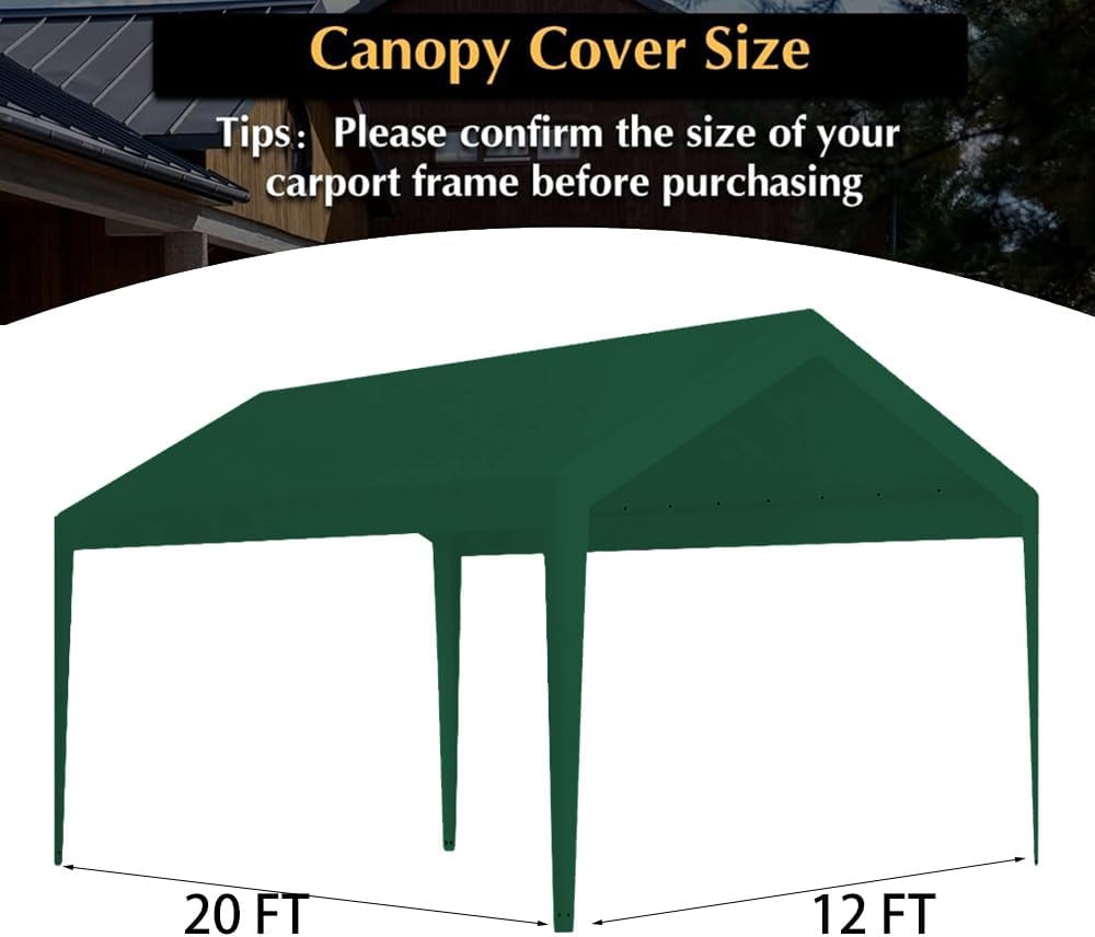 Rutile 12 x 20 FT Carport Replacement Cover, Heavy Duty Car Tarp Canopy Tent Garage Top Shelter Cover with Fabric Leg Pole Skirts and Ball Bungees Green (Only Top Cover, Frame is not Included)