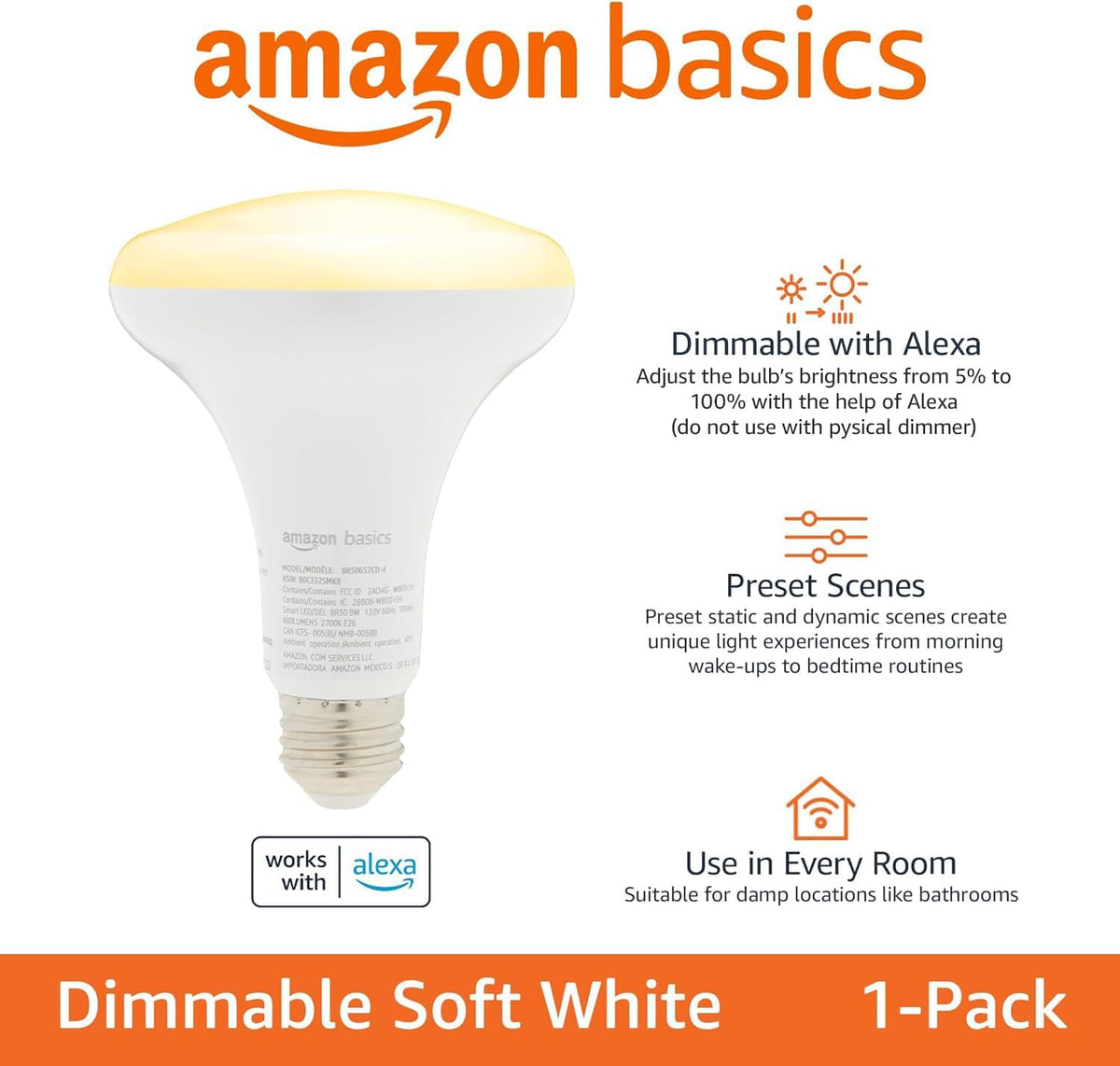 Amazon Basics Smart BR30 LED Light Bulb, Dimmable Soft White (2700K), 9W (60W Equivalent), 800LM, Works with Alexa Only, 2.4 GHz Wi-Fi, No Hub Required, 1 Pack