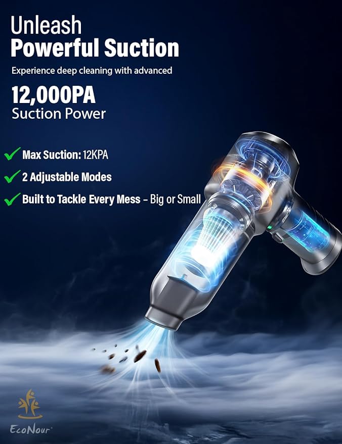 EcoNour Cordless Handheld Car Vacuum Cleaner | 120W Power, Dual Battery & 12000Pa High Power Mini Vacuum for Car Detailing | Rechargeable Dust Buster, Portable Handheld Vacuum for Home & Pet Hair