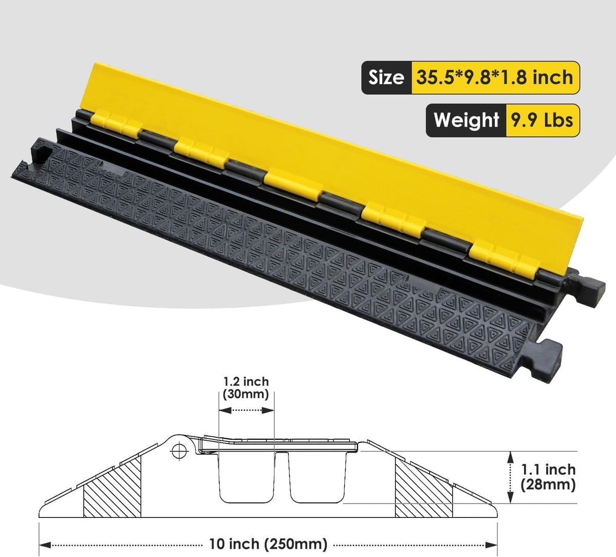 Heavy-Duty Rubber Cable Protector Ramp (4-Pack) - 2-Channel Floor Cord Cover for Driveway, Warehouse, Events - 22,000 lbs Load Capacity - Indoor & Outdoor Use - Cable Speed Bump for Hoses, Cables
