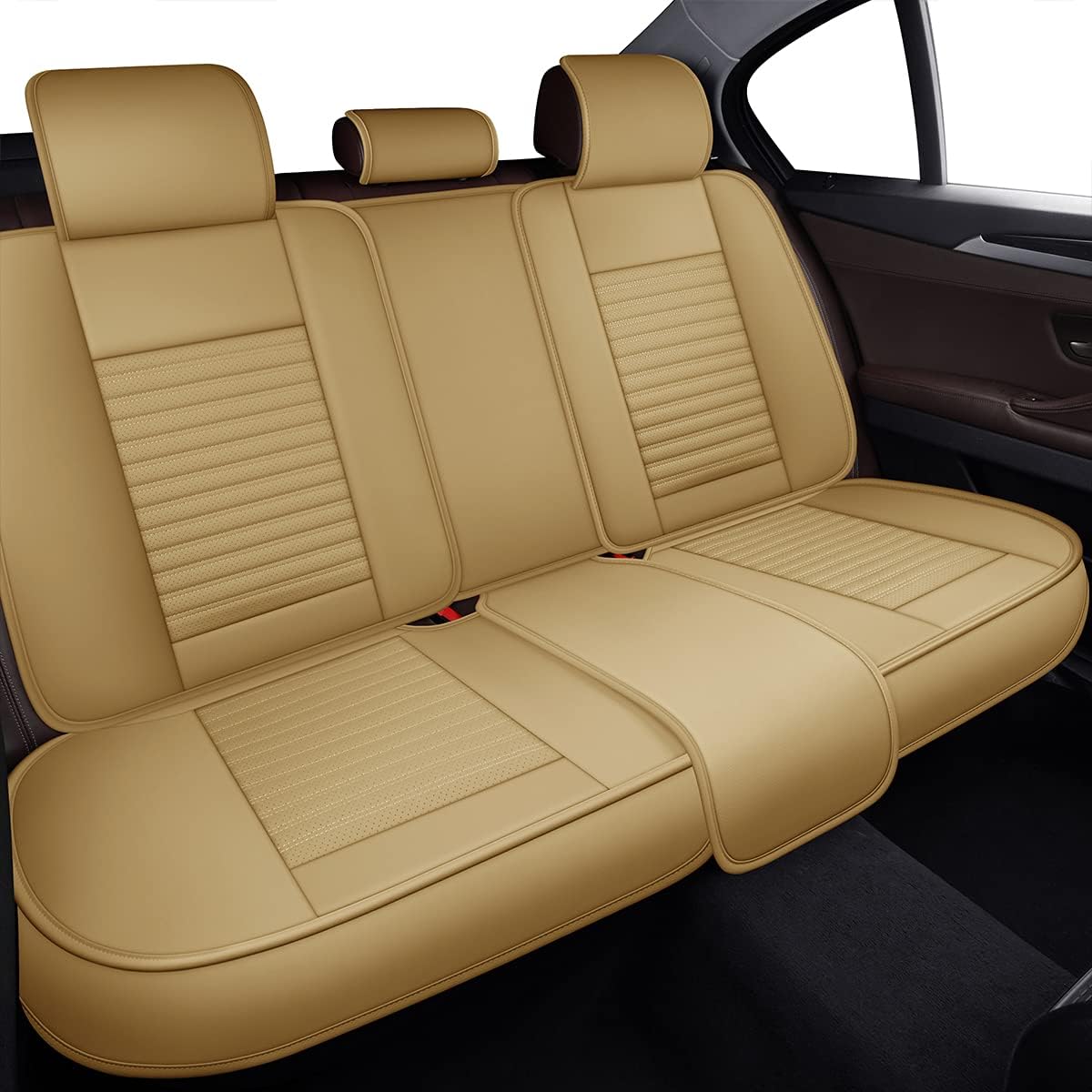 LINGVIDO Car Seat Covers, Breathable and Waterproof Faux Leather Automotive Seat Covers for Cars SUV Pick-up Truck Sedan,Universal Anti-Slip Driver Seat Cover with Backrest (Full Seat, Beige)