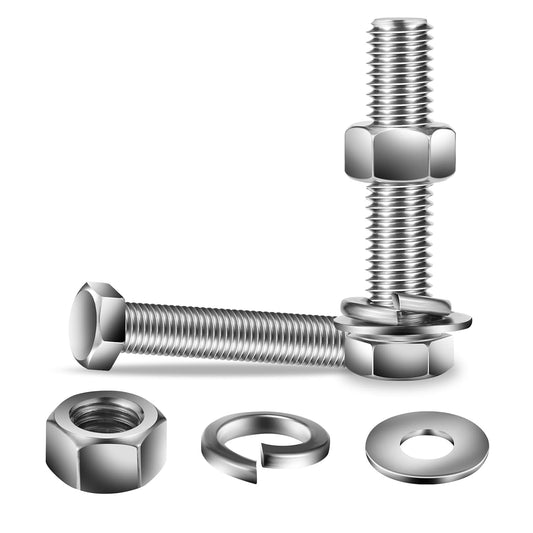1/2-13 x 3" Hex Head Screw Bolt, Nuts, Flat & Lock Washers, 10Pcs 18-8 (304) Stainless Steel, Fully Threaded, by SG TZH
