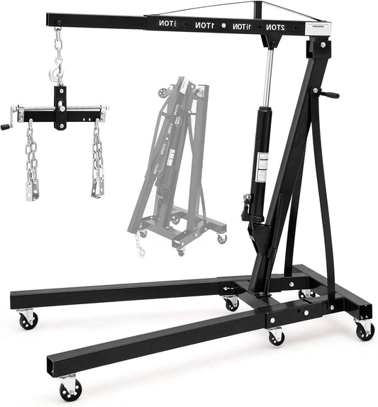 Engine Hoist with Lever, 2 Ton 4000 Lbs Heavy Duty Folding Cherry Picker Engine Lift Hydraulic Tilting Engine Shop Crane with 6 Iron Caster Wheels Telescopic Boom Hitch,Black