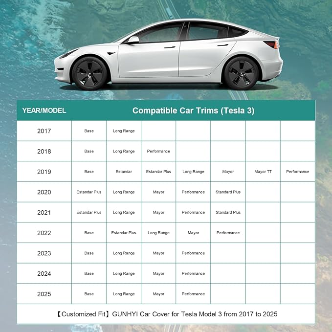 Premium Car Cover Custom Fit Tesla Model 3 (2017-2025), 16 Layers Heavy Duty Car Cover Waterproof All Weather with Zipper Door for Sun Rain Snow Dust Uv Protection