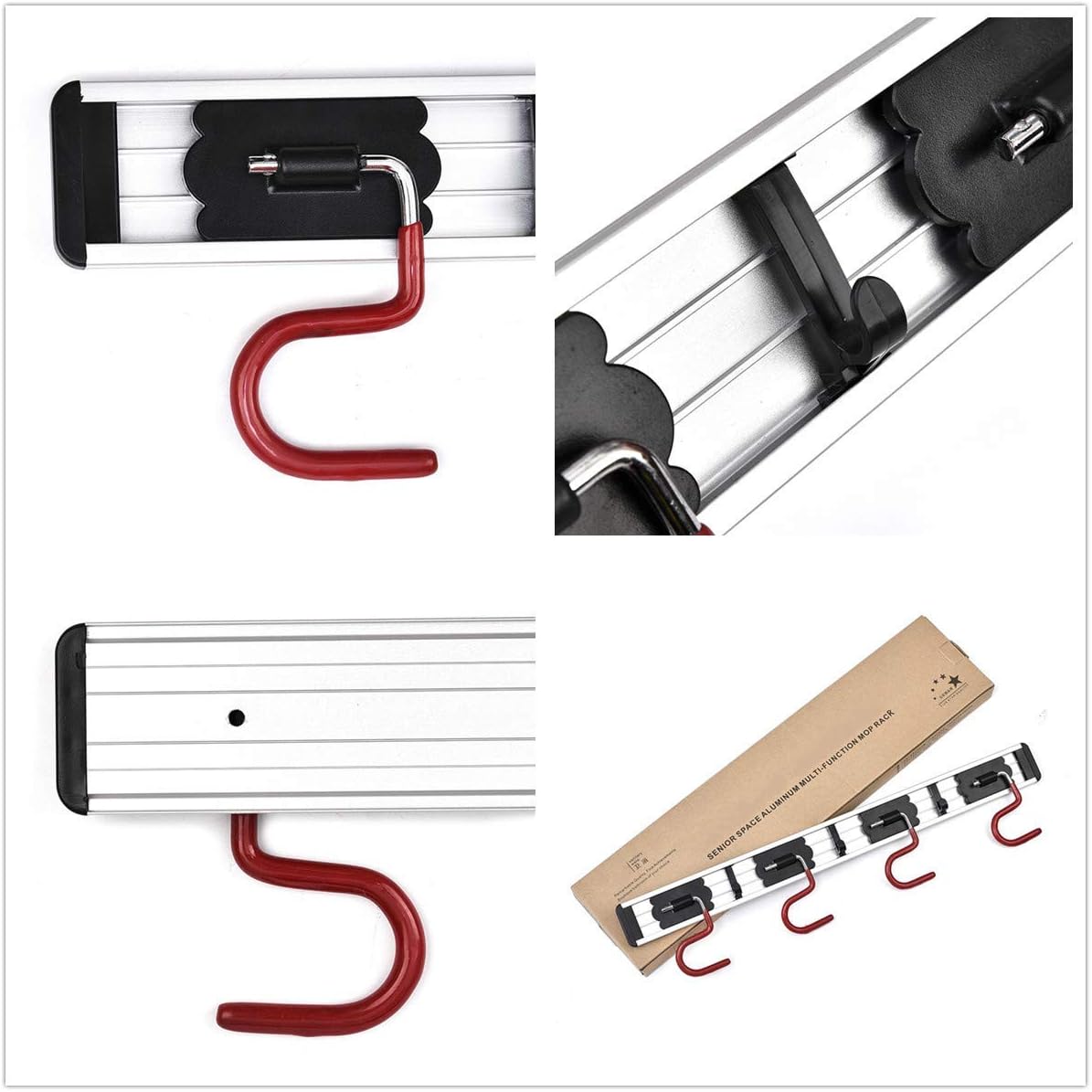 QBOSO Wall Mounted Mop and Broom Holder Stainless Steel S Type Broom Rack Anti-Slip Mop Organizer (17 Inches,4 Positions 3 Hooks, Red black)