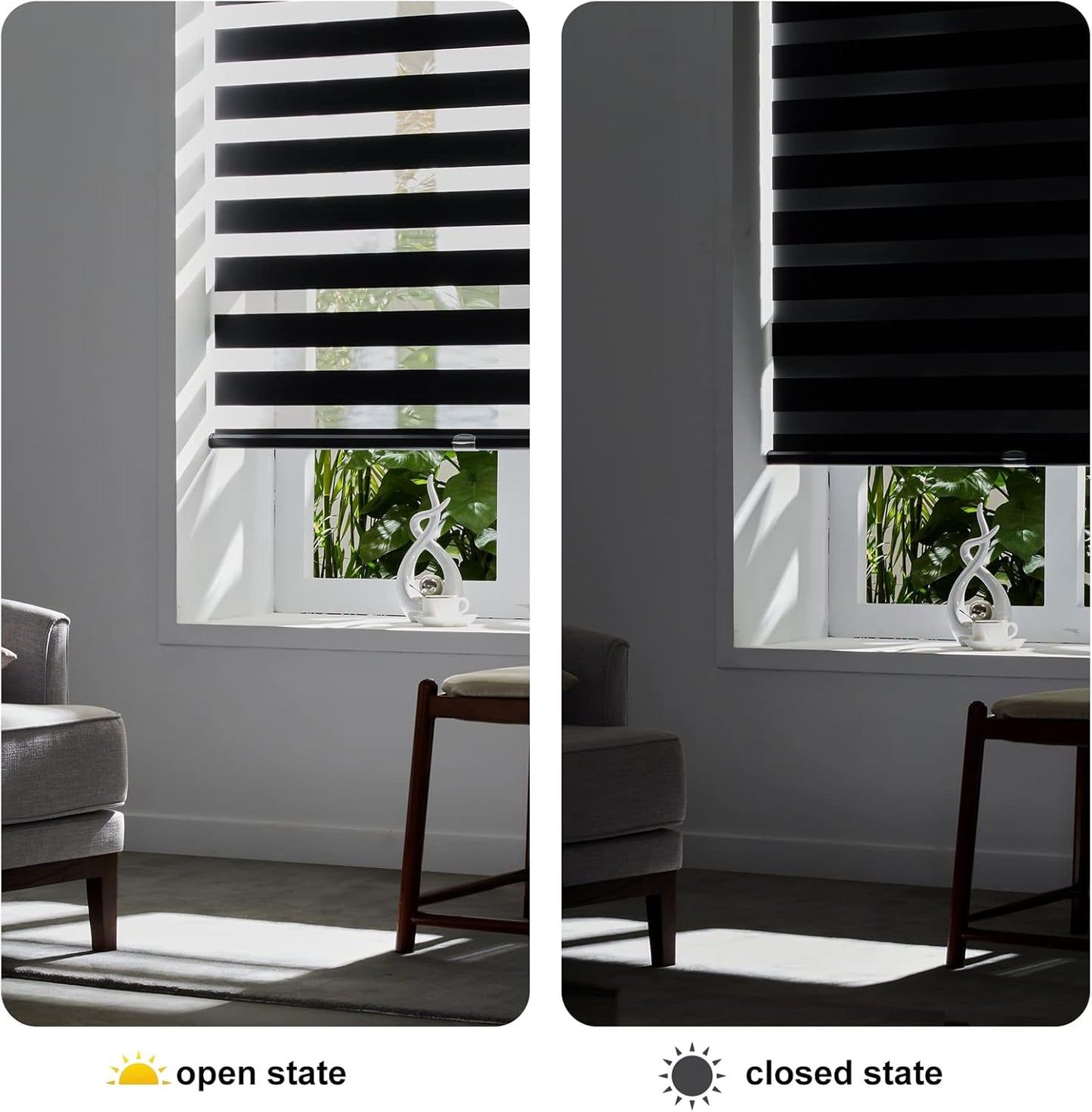 Persilux Cordless Zebra Blinds for Windows (58" W X 72" H, Black) Free-Stop Roller Windows Shades Dual Layer Light Control for Day and Night, Light Filtering Sheer Shades for Home, Easy to Install