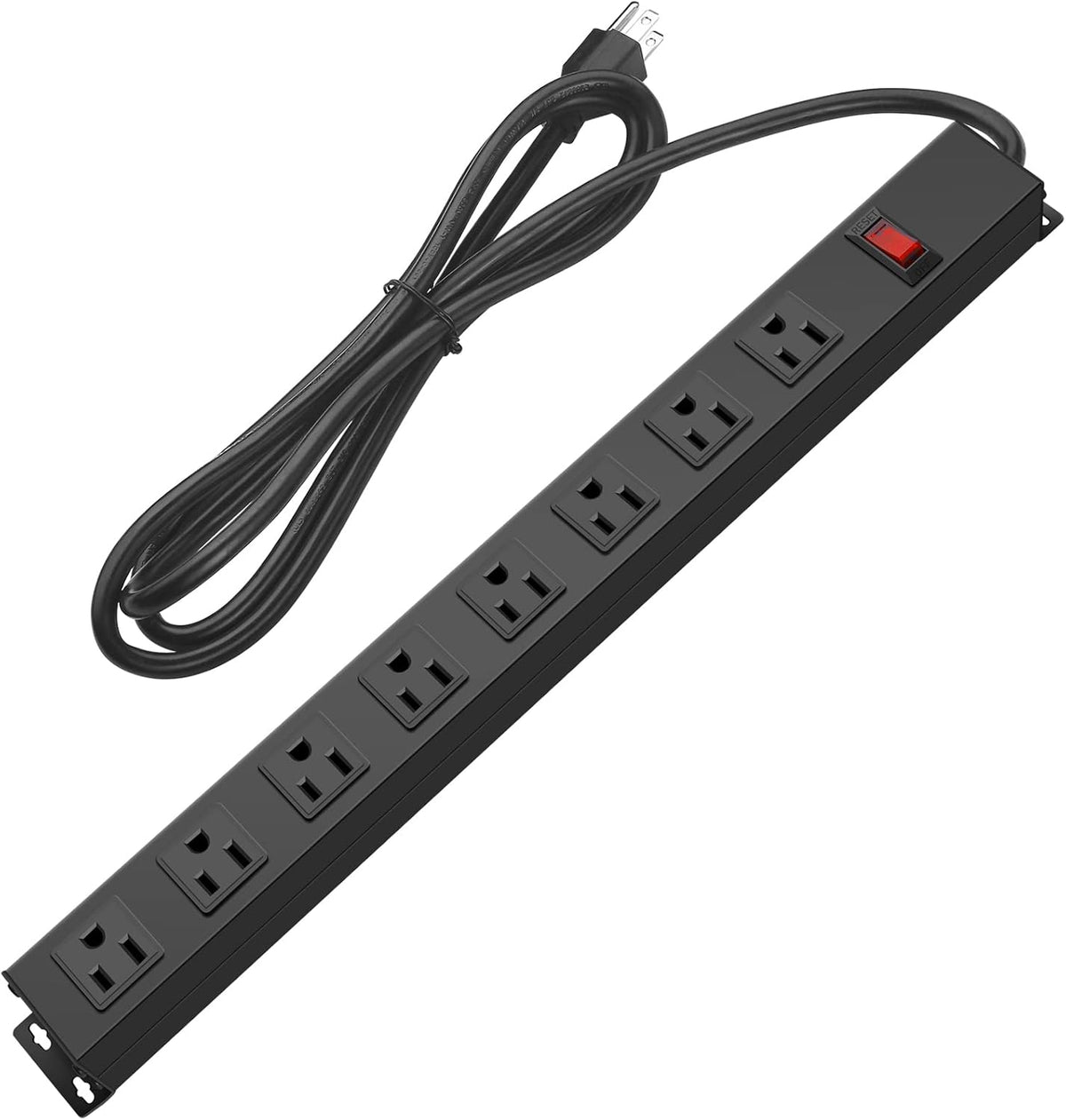 Metal 8 Outlet Mountable Power Strip, Wall Mount Outlet Heavy Duty, Wide Spaced Commercial Shop Power Strip with Switch, 15A 125V 1875W, 6 FT SJT 14AWG Power Cord (12FT)