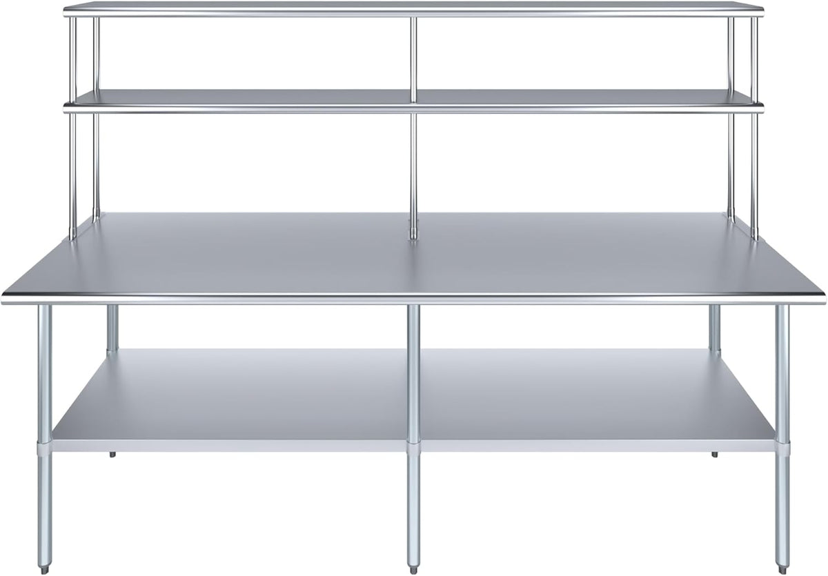 Amgood Stainless Steel Work Table Double Tier Overshelf | Metal Kitchen Prep Table & Shelving Combo (30" x 96" Work Table + 12" Overshelf)