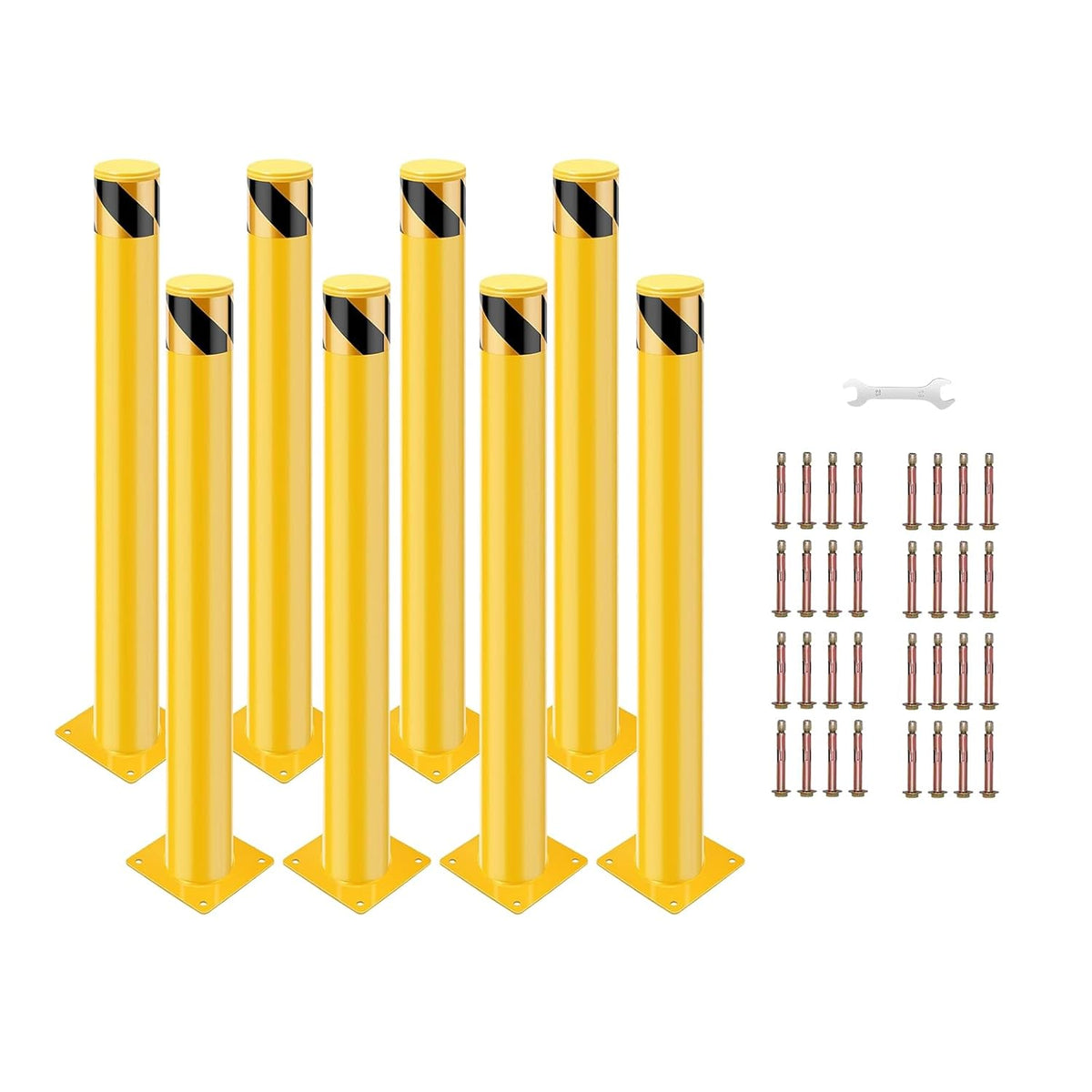 8 Pack Safety Bollard Post, 30 Inch Height 4.5 Inch Diameter Yellow Pipe Safety Steel Bollards with Anchor Bolts and Wrench, Steel Bollards for Road Warning Construction Public Place Traffic Control