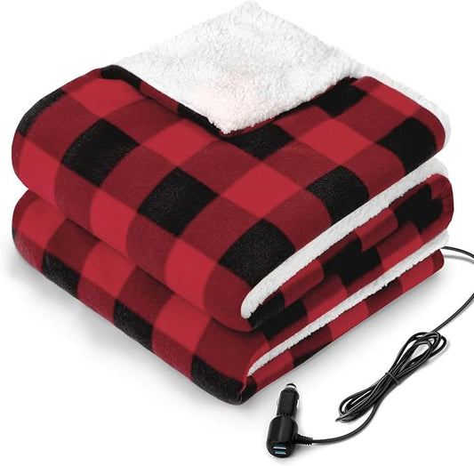 Sealy 12-Volt Heated Car Blanket with 2 Output USB Ports, 3 Heating Levels & 4 Hours Auto Off, Electric Blanket for Car Truck, SUV, RV or Camping, Machine Washable, 59" X 43", Plaid