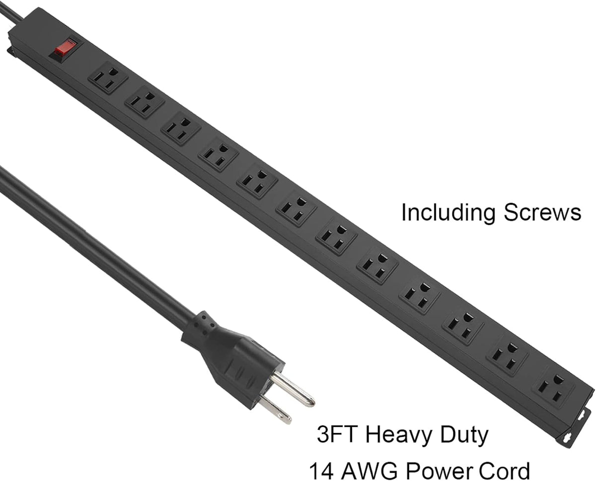 Metal Wall Mount Power Strip, Mountable Power Outlet with 12 AC Outlets, Aluminum Alloy Mount Power Socket with Switch, 3 FT SJT 3/C 14AWG Power Cord, 15A 125V 1875W (12AC)