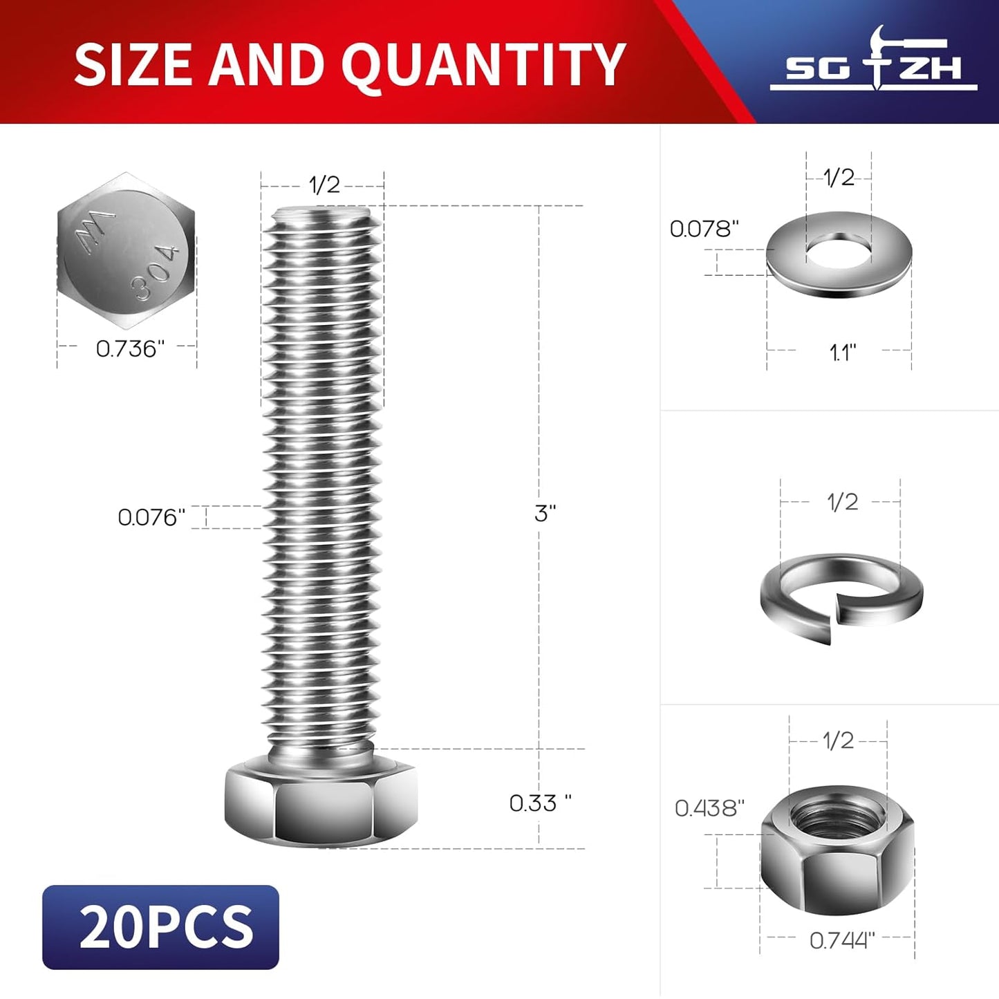 1/2-13 x 3" Hex Head Screw Bolt, Nuts, Flat & Lock Washers, 20Pcs 18-8 (304) Stainless Steel, Fully Threaded, by SG TZH