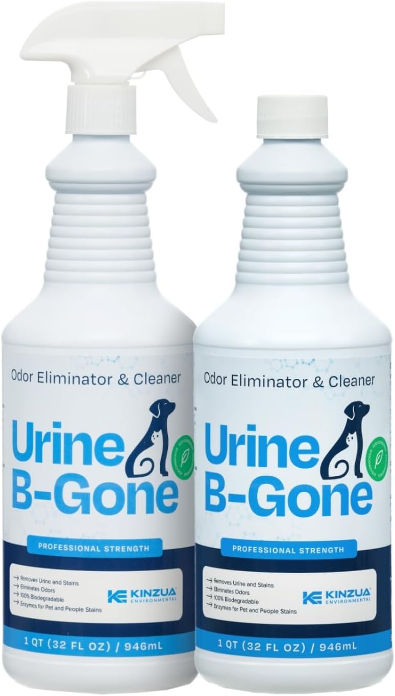 KINZUA ENVIRONMENTAL Urine B-Gone, Professional Enzyme Odor Eliminator & Pet Stain Remover, Human, Cat & Dog Urine Cleaner, Effective on Laundry, Carpets & More, Original Scent, 32oz, Pack of Two