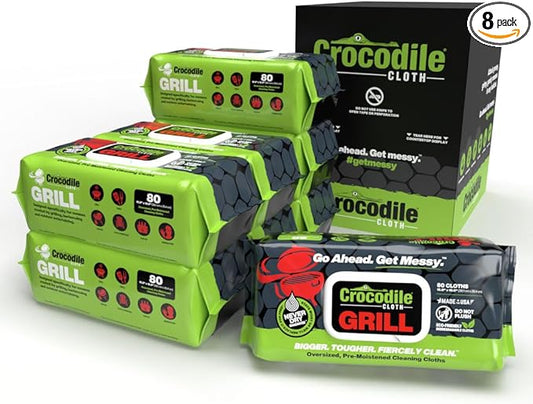 Crocodile Cloth Grill - 8 pack. 640 (15" x 10") Plant-based Cleaning Wipes. Safe on Skin & Multiple Surfaces. Infused with Aloe & Vitamin E. Large, Pre-Moistened & Absorbent.