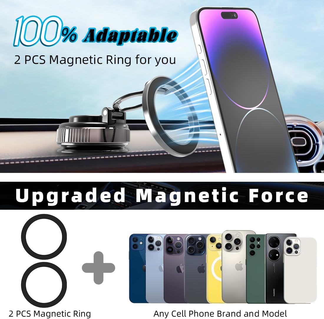 EnerCharge Magnetic Car Phone Holder, with 360° Adjustable & 3-Fold Extension, Upgraded Vacuum Suction Cup Cell Phone Mount for Car/Gym/Kitchen/Shower (Aluminum Alloy)