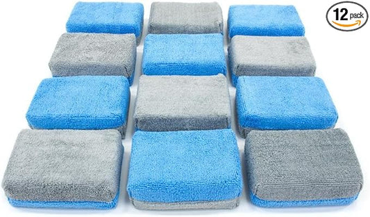 Autofiber Thick [Saver Applicator Terry] Ceramic Coating Applicator Sponge | 12 Pack | with Plastic Barrier to Reduce Product Waste. (Blue/Gray)