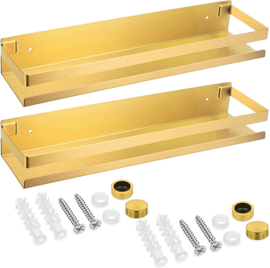 Lallisa 2 Pieces Stainless Steel Shelf Bathroom Shower Floating Shelves Wall Mounted Shower Caddy Basket Shelf Storage Organizer Shelves for Bathroom, Kitchen, Living Room (15.75 Inch/ 40 cm,Gold)