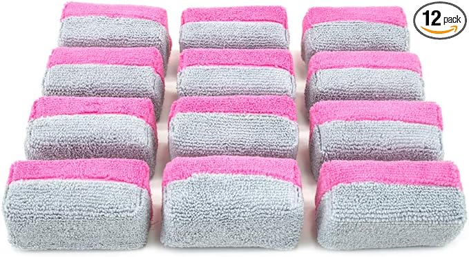 Autofiber [Saver Applicator Terry] Ceramic Coating Applicator Sponge | 12 Pack | with Plastic Barrier to Reduce Product Waste. (Pink/Gray, Mini)