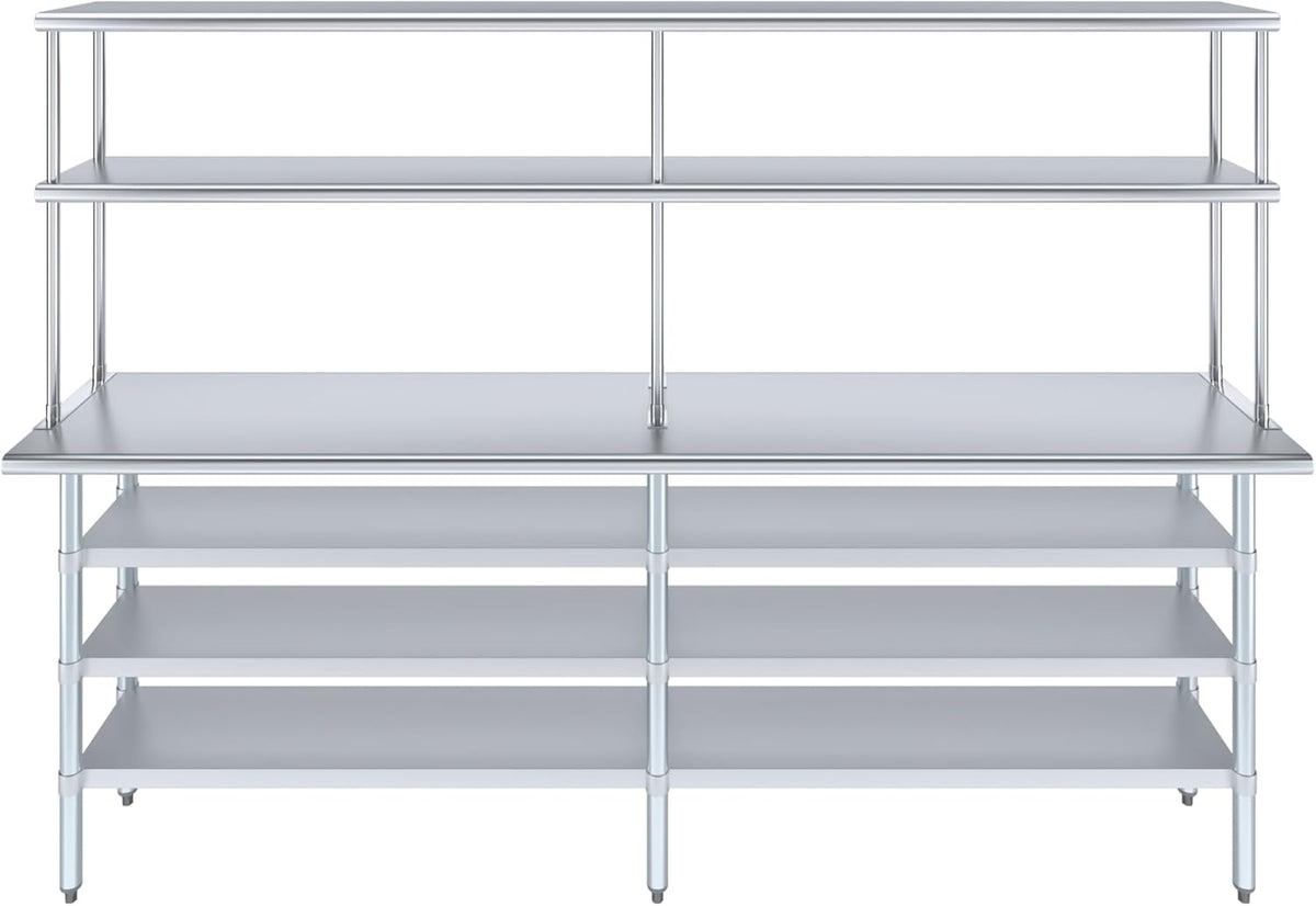 Amgood 18" x 96" Stainless Steel Work Table with 3 Shelves and 12" Wide Double Tier Overshelf | Metal Kitchen Prep Table & Shelving Combo | NSF
