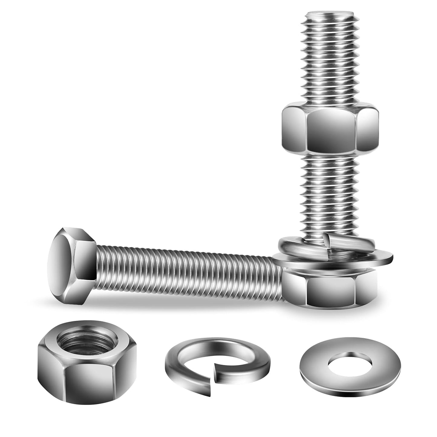 1/4-20 x 2-3/8" Hex Head Screw Bolt, Nuts, Flat & Lock Washers, 20Pcs 18-8 (304) Stainless Steel, Fully Threaded, by SG TZH