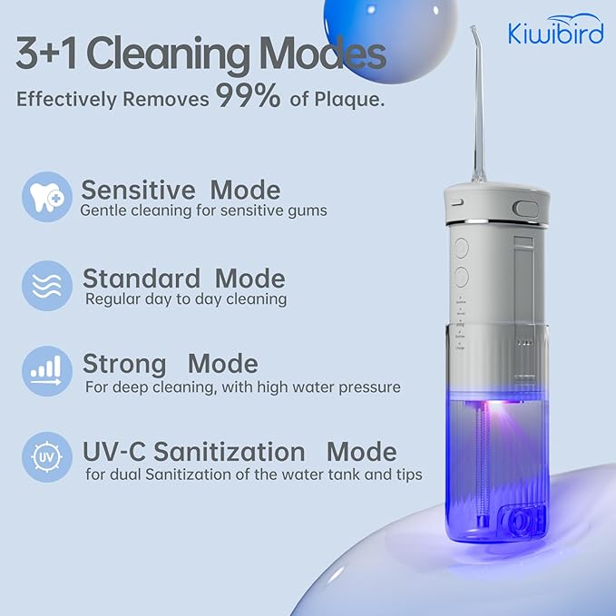 KIWIBIRD Mini Water Flosser for Travel, Ultra-Portable Cordless Oral Irrigator with UVC Light, IPX8 Waterproof 3 Modes, 230mL Teeth Cleaner for Tonsil Stones & Braces Care - Home & Travel (Purple)