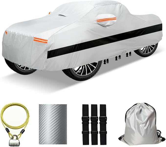 30 Layers Truck Car Cover for Automobiles All Weather Waterproof, Outdoor Snowproof UV Protection Windproof, No Zipper, Heavy Duty Universal Car Covers, (Silver, Fit Truck 231"-250")