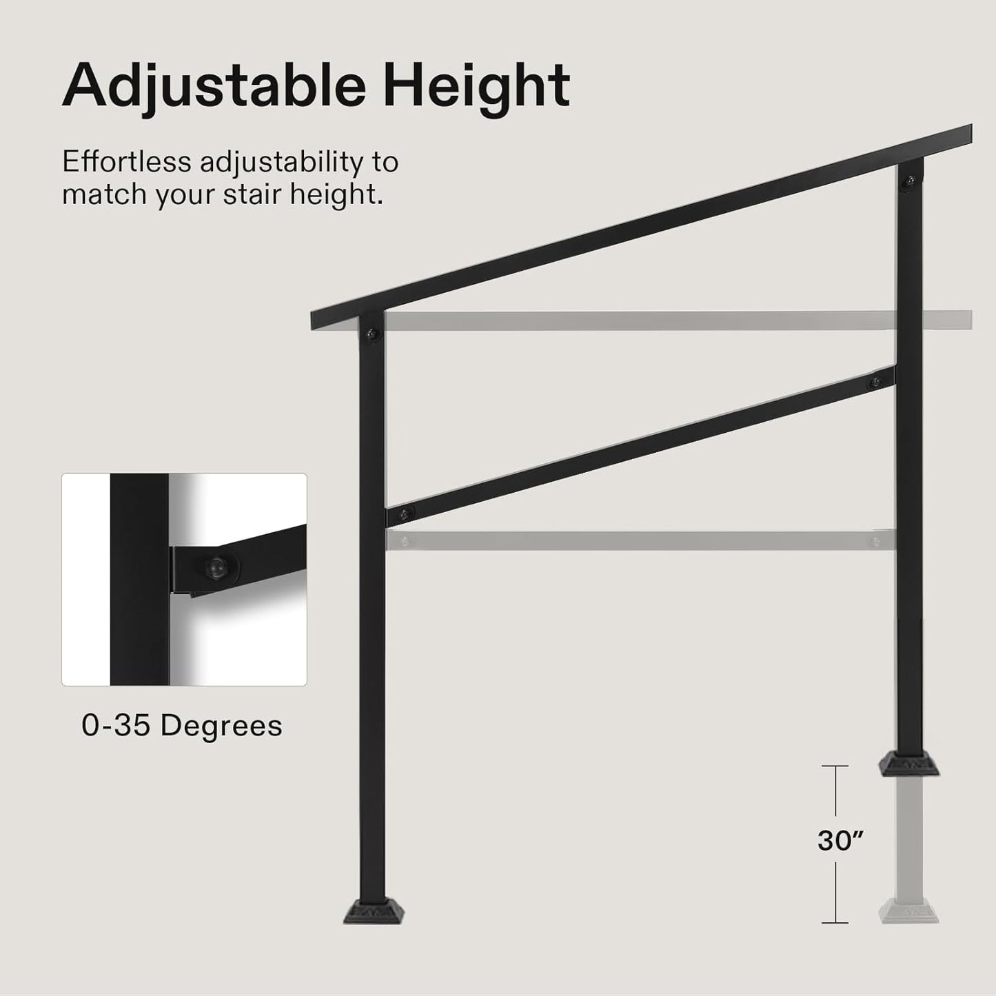 VIVOSUN 2-Pack Outdoor Handrail, 5 Step Stair Handrail, 69" x 36" Fits 1 to 5 Steps, Wrought Mattle Iron Handrail for Concrete Steps, Porch Steps, One-Step Assembly, 2 Packs, Black