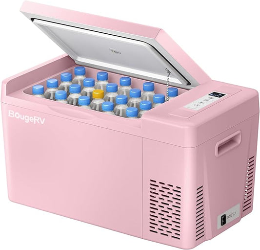 BougeRV Pink 23Quart Portable Refrigerator, 12 Volt Fridge 22L, Portable Freezer Compressor Cooler 12/24V DC 110~240 Volt AC for Truck Van RV Camper -8℉~50℉
