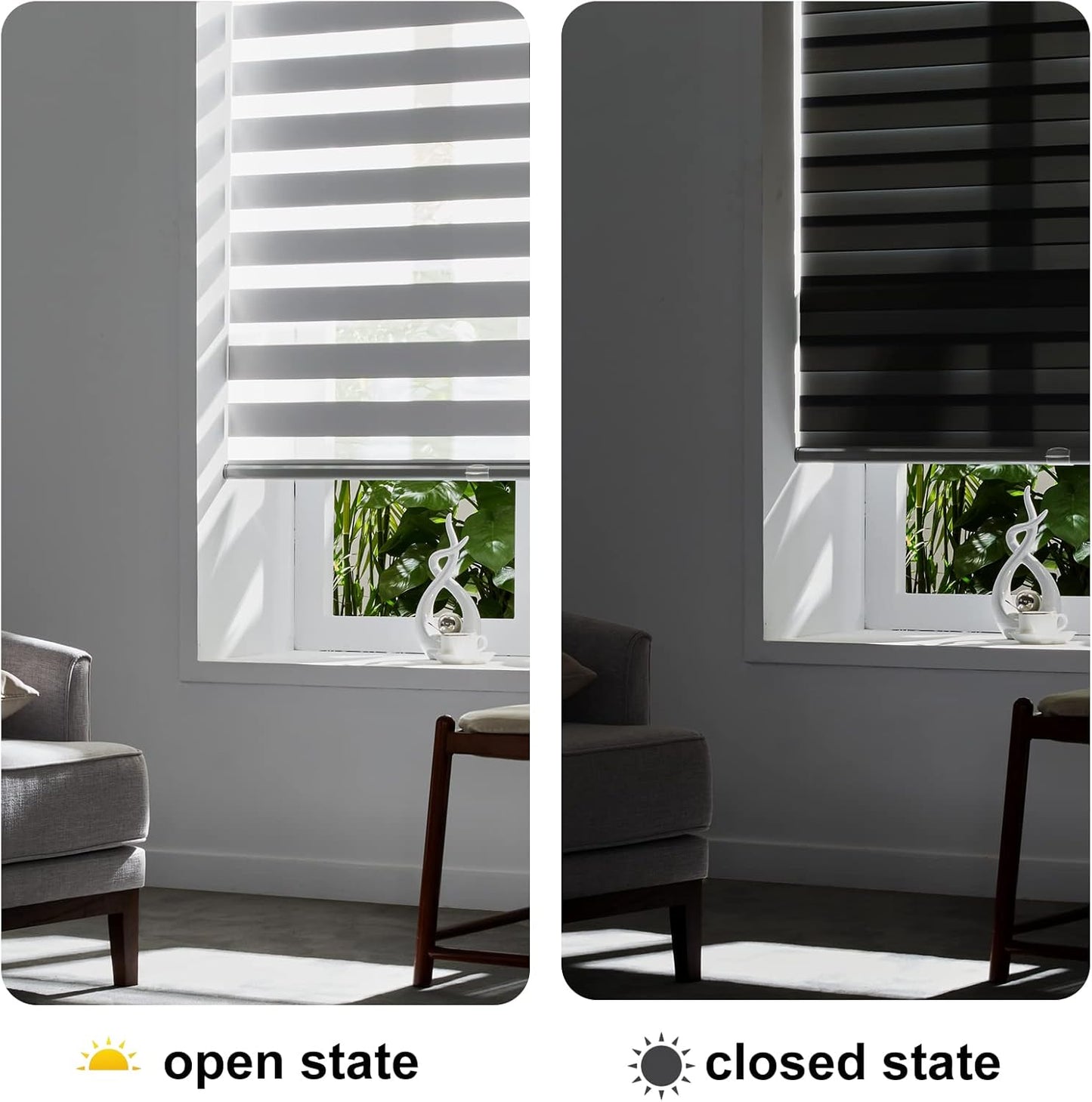 Persilux Cordless Zebra Blinds for Windows (35" W X 64" H, Grey) Free-Stop Roller Windows Shades Dual Layer Light Control for Day and Night, Light Filtering Sheer Shades for Home, Easy to Install