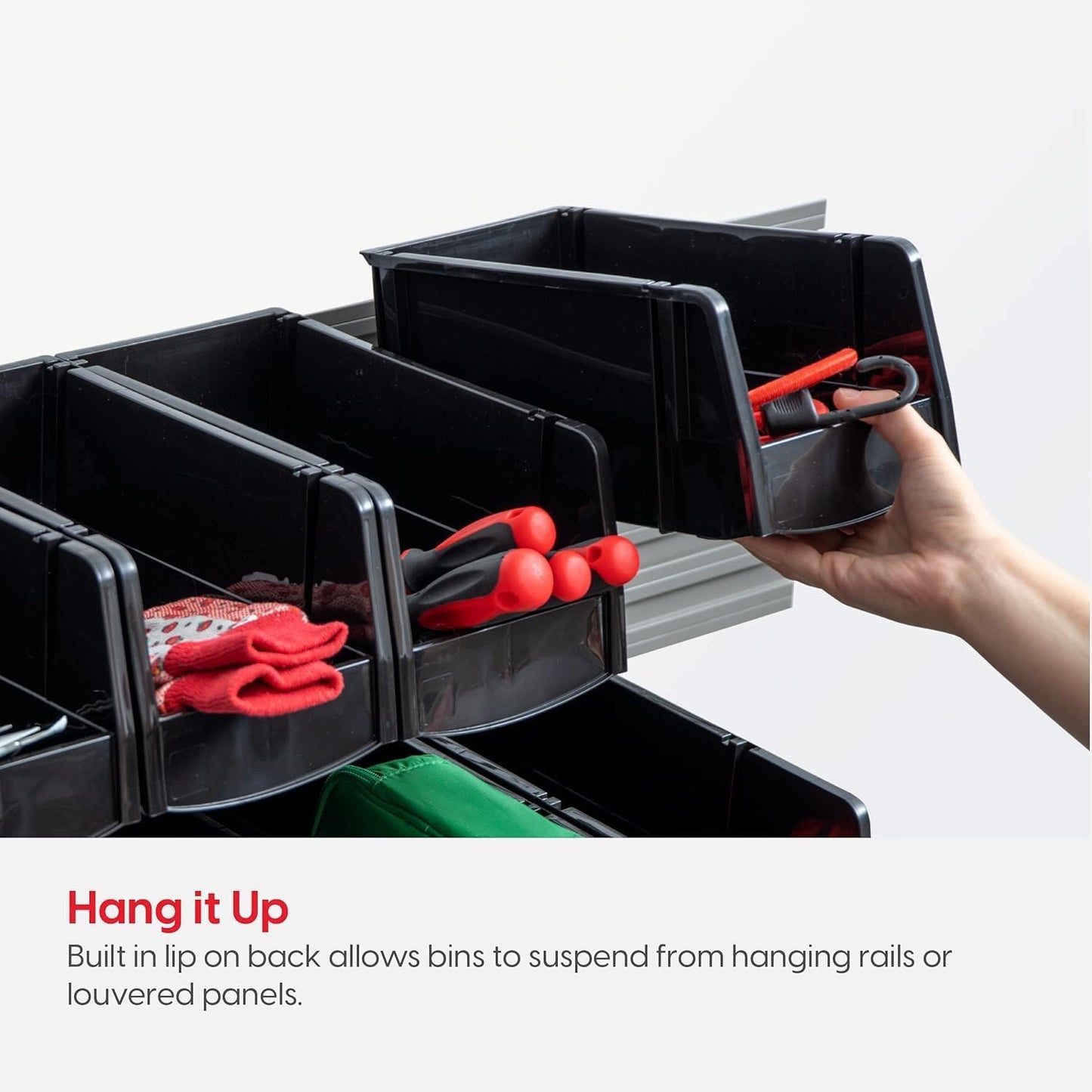 IRIS USA Stackable Storage Bins Open Front, 6 Pack, Plastic Hanging Organizer Caddy Basket for Hardware Crafts, Small Parts, Nuts and Bolts, Garage Tool Storage, Extra Large, Black