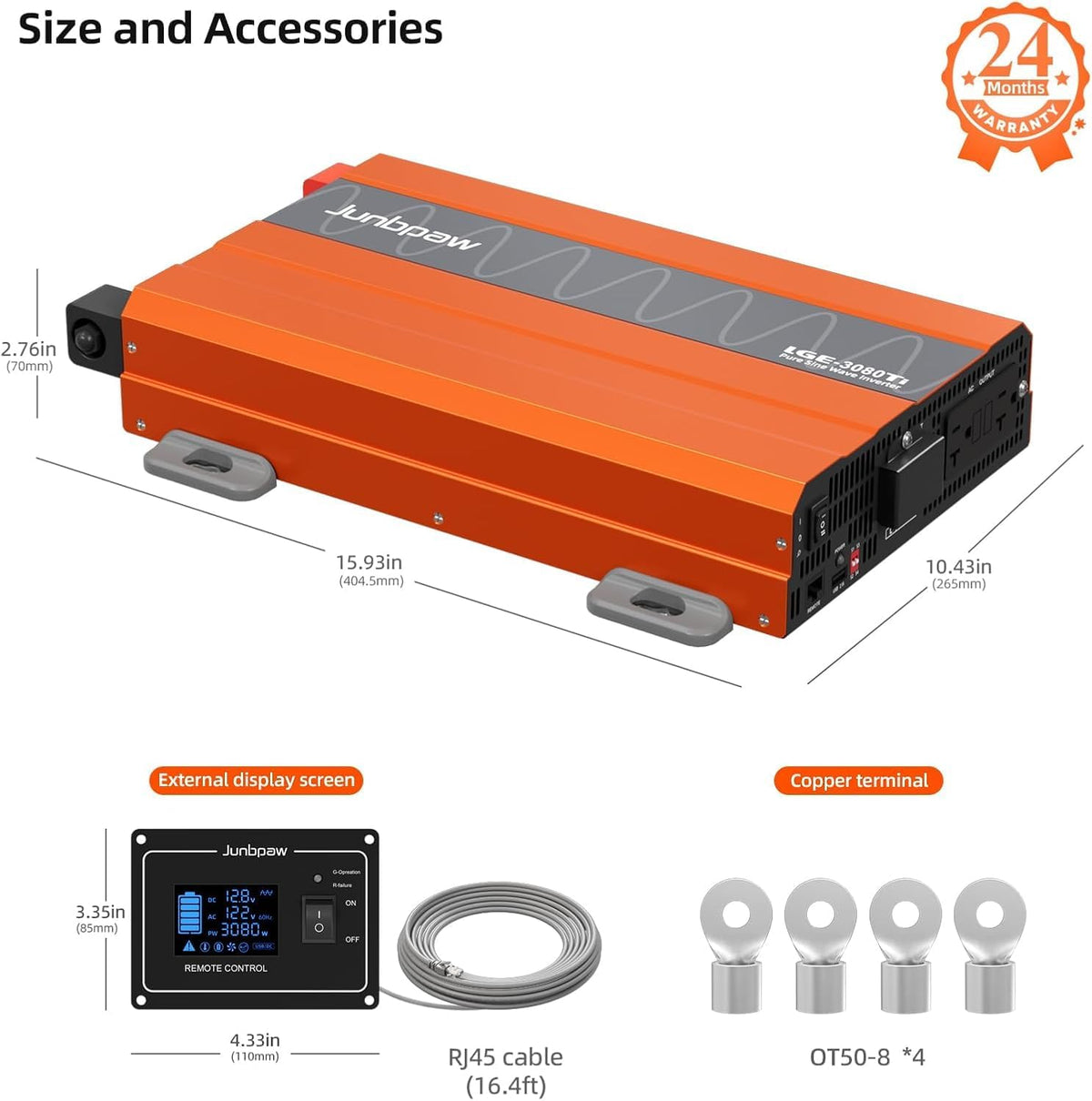 3080 Watt Pure Sine Wave Inverter, Equipment GFCI, 12V DC to 120V AC Converter Built-in 5V/2.1A USB Port for Off-Grid Solar Car RV Truck Boat with Wire Remote Monitor, Pre-Charge Function