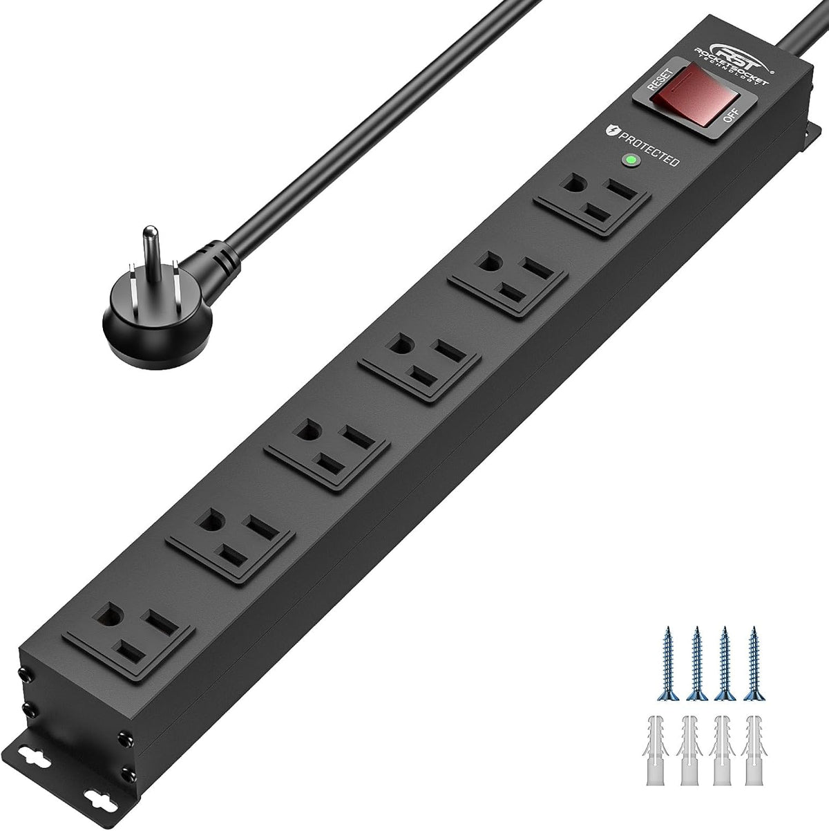 CRST 6 Outlet Heavy Duty Power Strip with Switch, 15A/1875W Metal Mountable Power Strip Surge Protector 2100Joules, Wide Spaced Power Bar for Garage Worshop Home School, 6 FT Cord