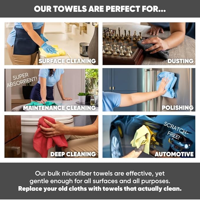 Bulk 16" x 16" All Purpose Microfiber Towels Wholesale - Case Quantity (200 Count) | Large | No Fraying | High Density Microfiber | Zero Chemical Cleaner | Long-Lasting (Red)