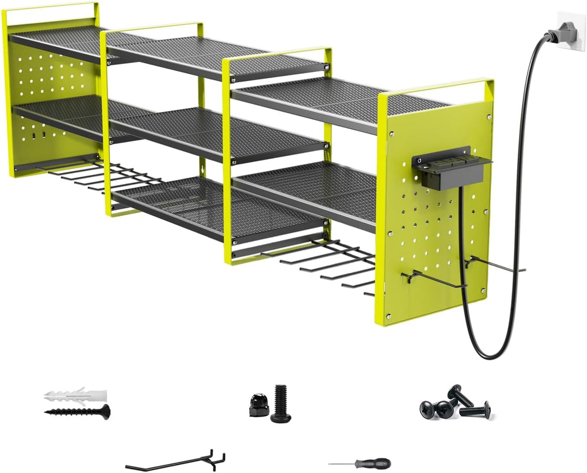 Heavy-Duty 48" Wall Mount Power Tool Organizer with Charging Station – 3-Tier Garage Organization Rack for Drills, Wrenches & Tools – Includes 16 Hooks & Pegboard Sides
