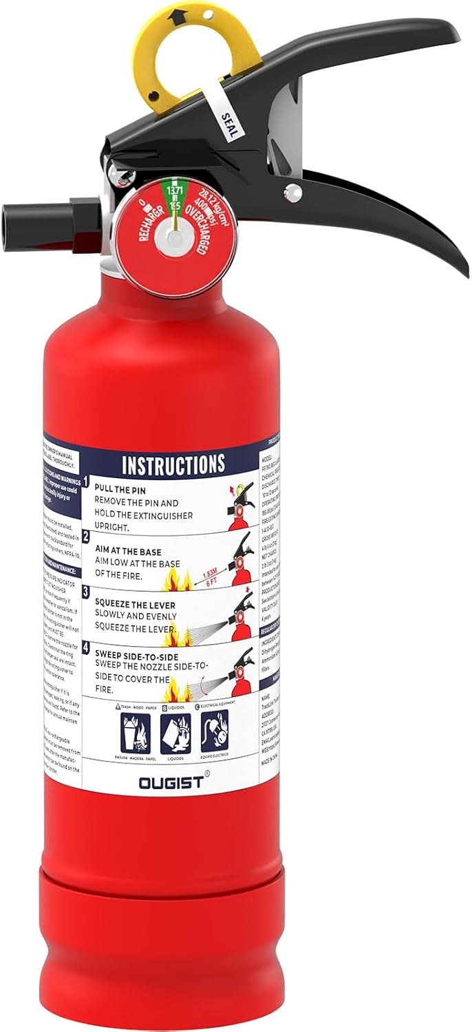 ABC Fire Extinguisher for Home & Vehicle - 2.5 lb 1-A:10-B:C Rated, Dry Chemical Fire Safety with Quick-Release Handle, Certified for Kitchen/Car/Boat Use (Model FF1KG)