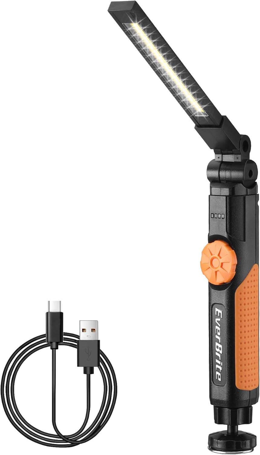 EverBrite LED Rechargeable Work Light, 800LM COB Foldable Flashlight, Magnetic Work Lights with Hanging Hook, 360° & 270° Rotation, 4 Power Indicator Lights - for Car Repair, Home, Emergency