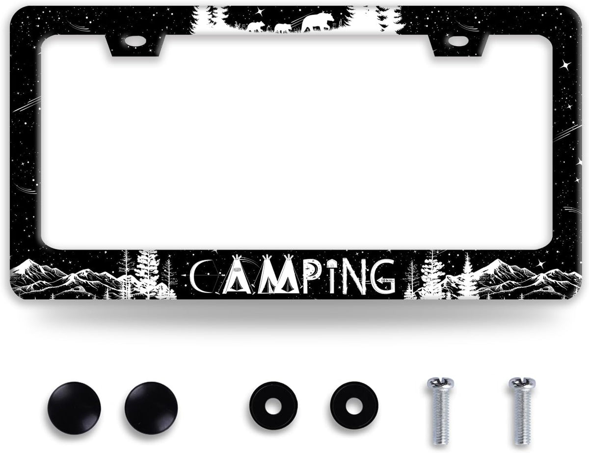 Camping License Plate Frame Forest Mountains License Plate Holder Funny Stainless Steel Accessories Cars Decor with 2 Holes and Screws Fits Standard Us Ca Vehicles License Plate Frames 12.2 X 6 Inch