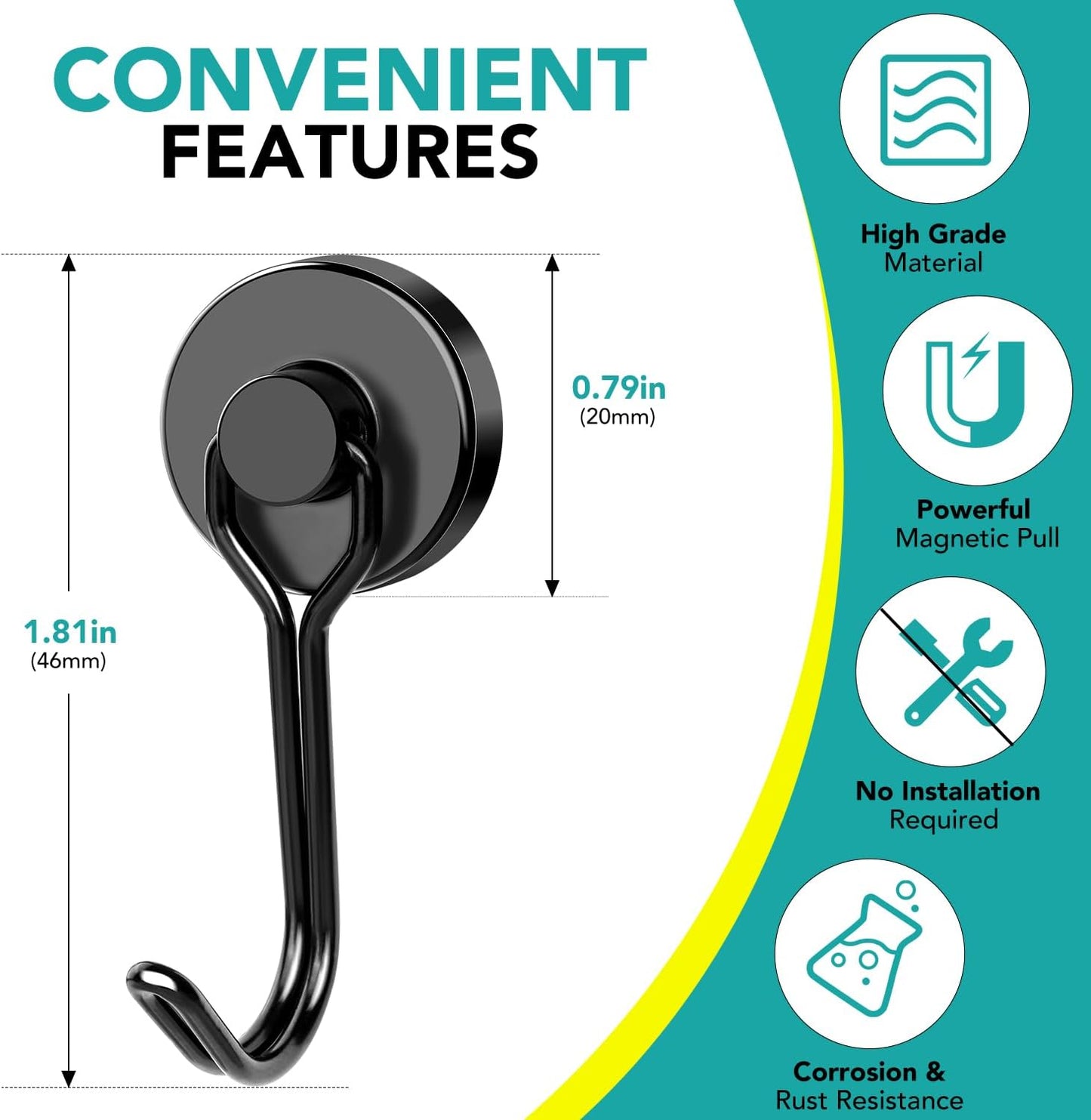 DIYMAG Black Magnetic Hooks, 40LBS Strong Magnetics Heavy Duty, Magnet Hook with Metal Hanger for Hanging Refrigerator Home Kitchen Office, 8Pack